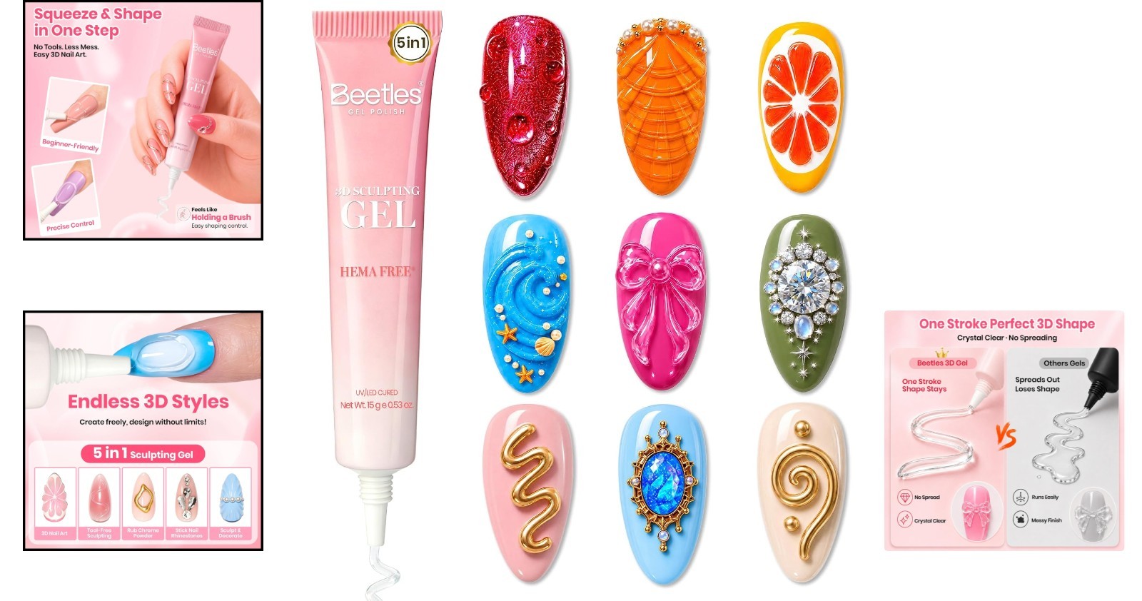 Beetles 15g HEMA-Free 3D Nail Gel for Stunning Nail Art with Rhinestones