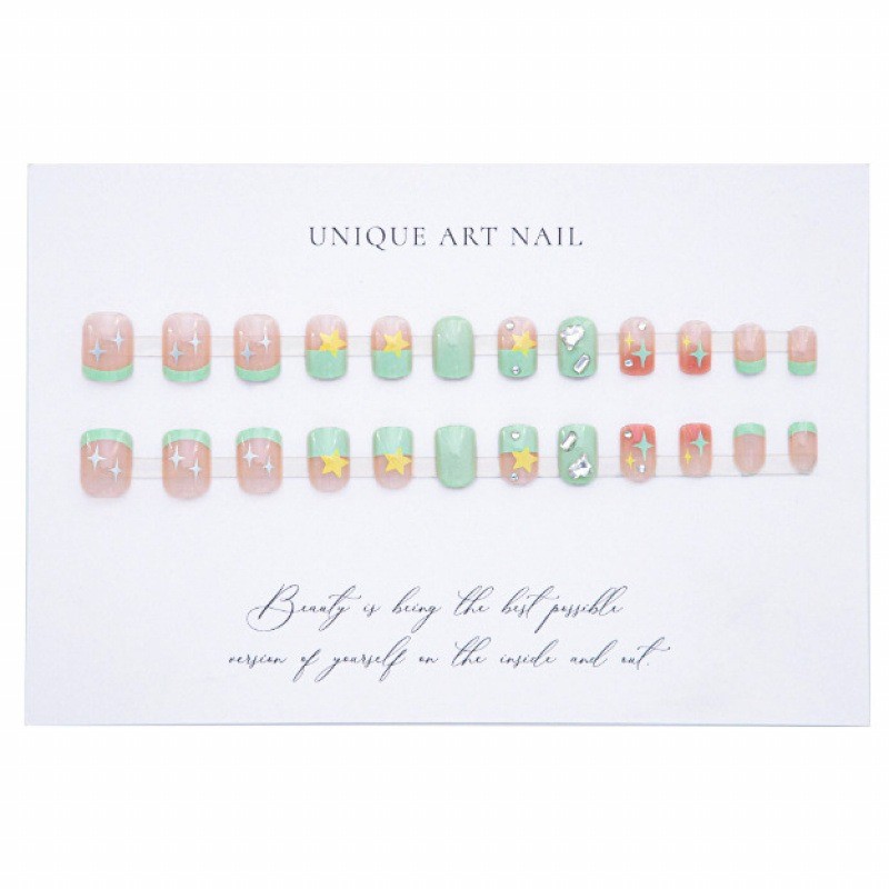 48pcs Mint Green French Star Wearing Armor Medium Short Press On Nails Gift