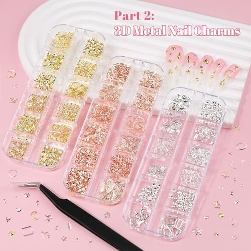 12 Boxes Nail Art Kit with Nail Charms, Gems, Rhinestones & Set 2 – 12 Boxes