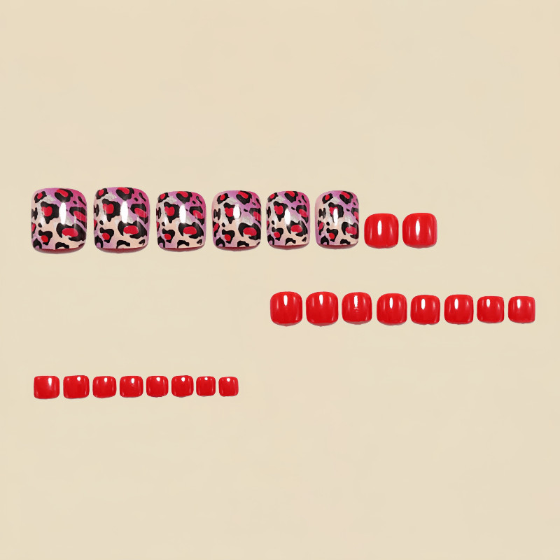 48P Short Square Toe Press on Nails,Red Base Heart & Leopard Print Fake Toenails
