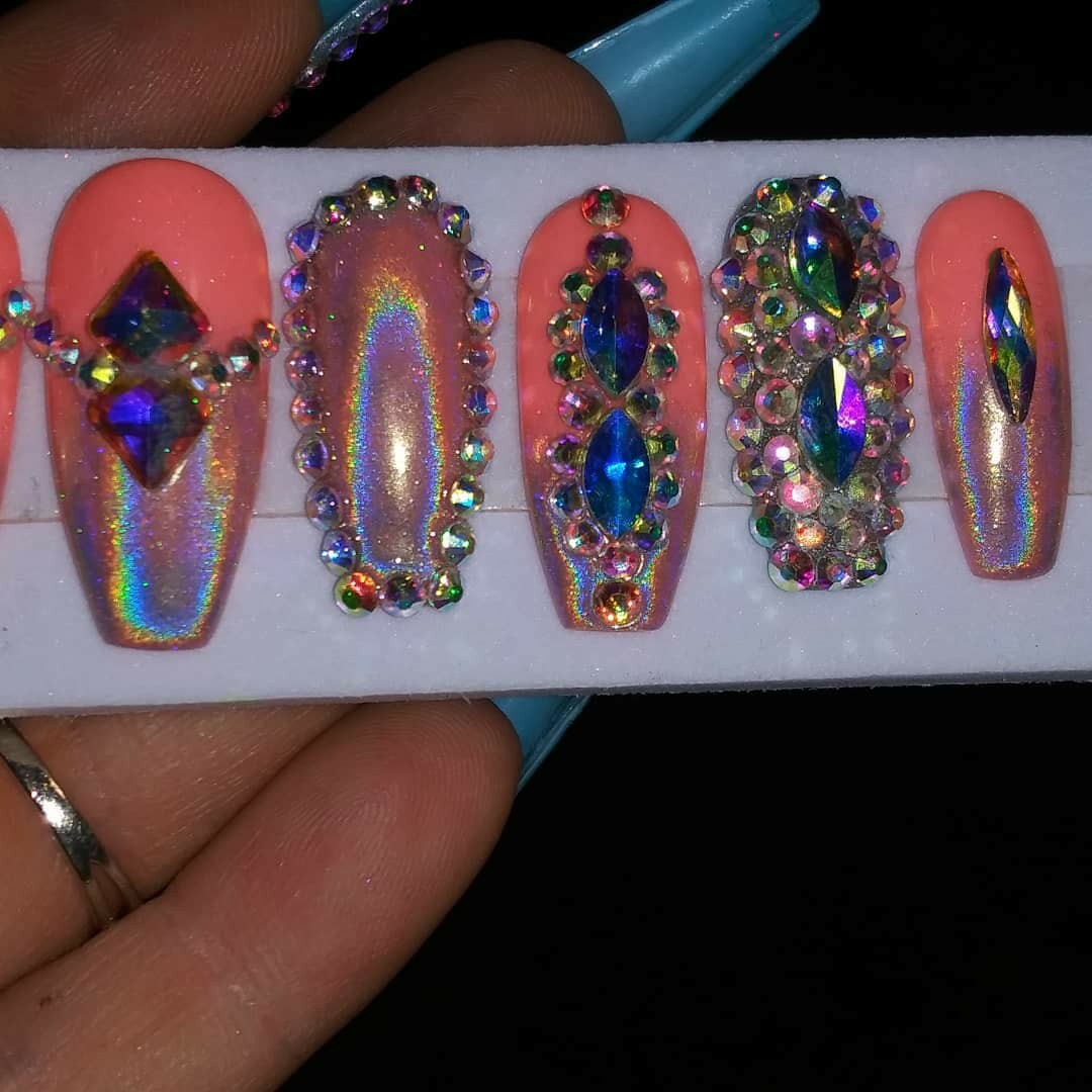 bling coral holographic press on nails coffin crystal diamond chrome metallic