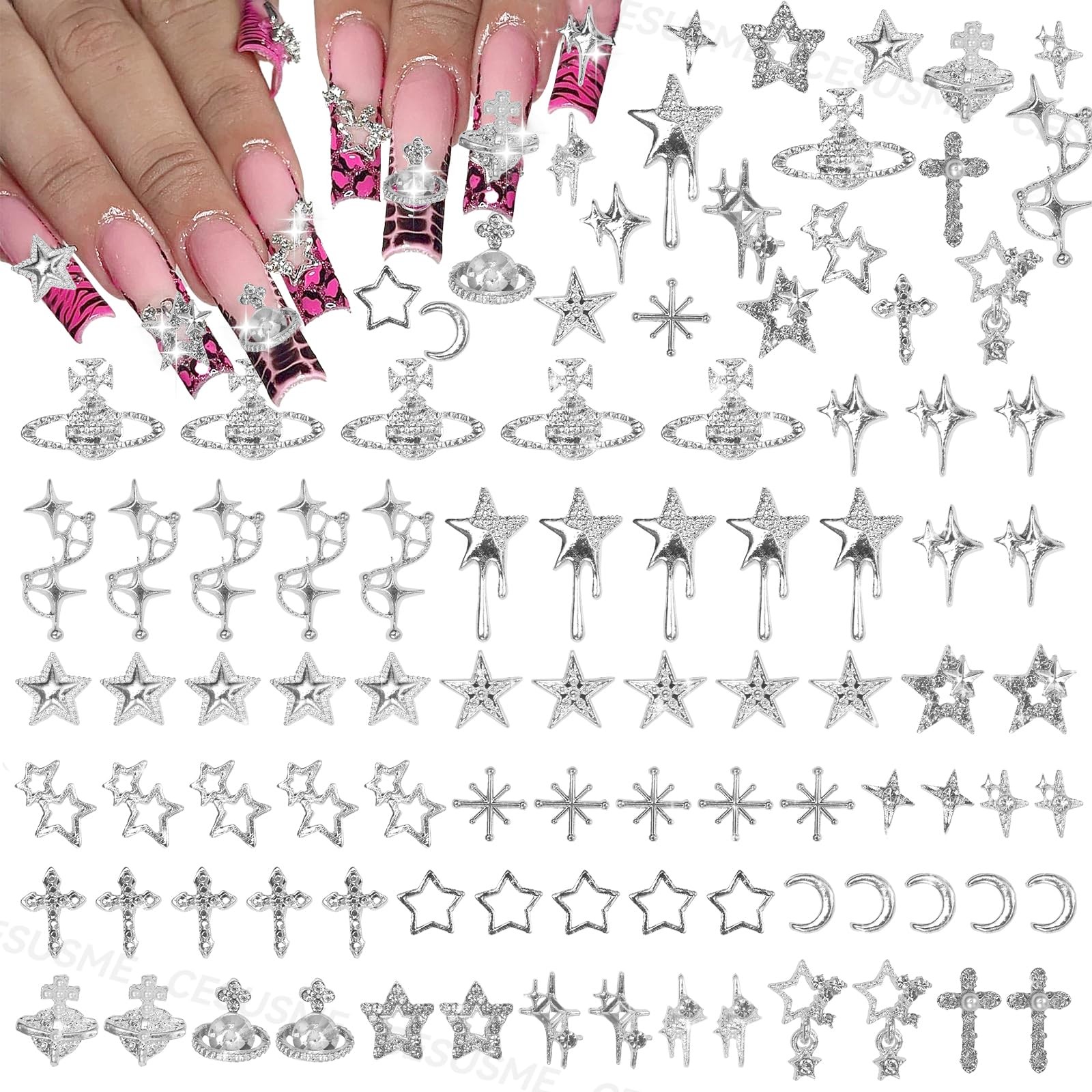 130 Pcs 3D Silver Star Cross Alloy Nail Charms, 21 Styles Y2K Metal Star Moon…