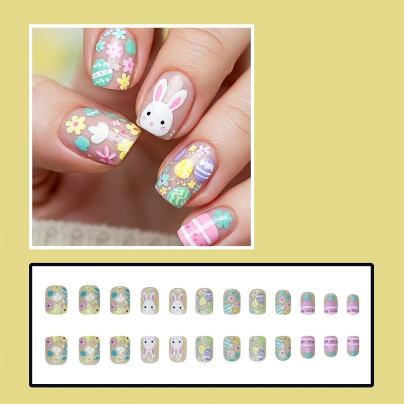Adorable Rabbit Egg Printed Artificial Nail Short Square Shape Easy To Wear