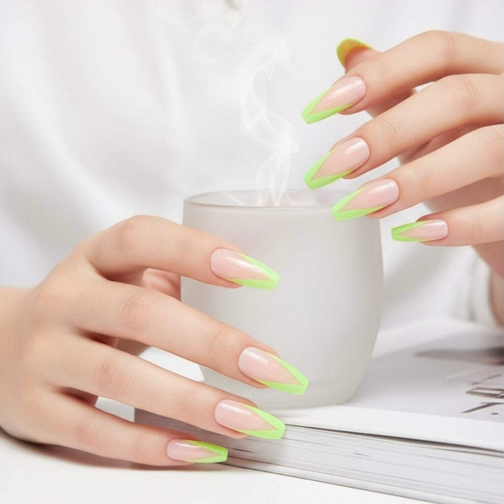Natural Nude Pink Green V French Glossy Ballerina Extra Long Press On Nails Set