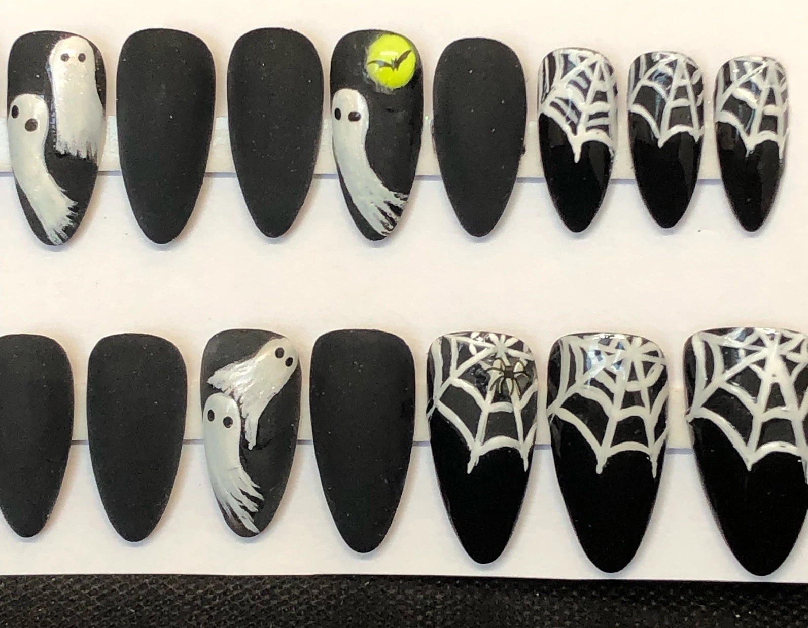 Handmade Custom Press On Nails Med Almond Ghosts Spiders Black Halloween Nails