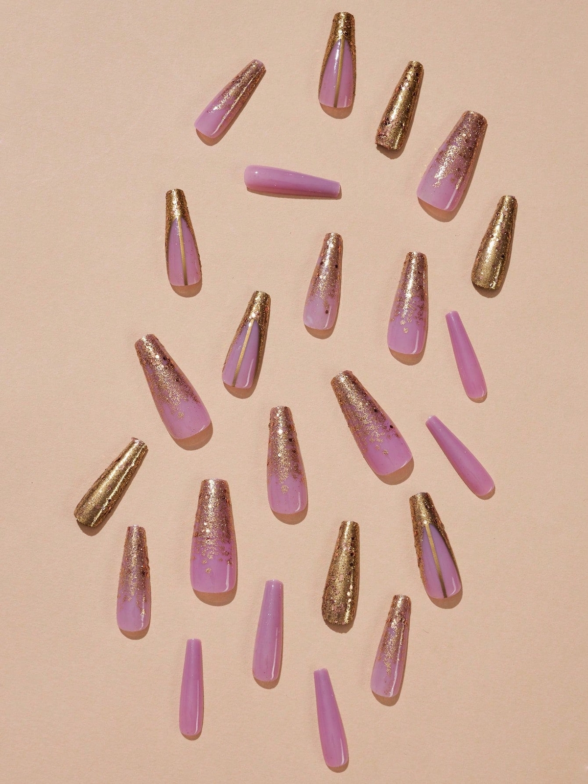 24pcs Long Coffin Gold Glitter Glitter Shaped French Fake Nail Kit