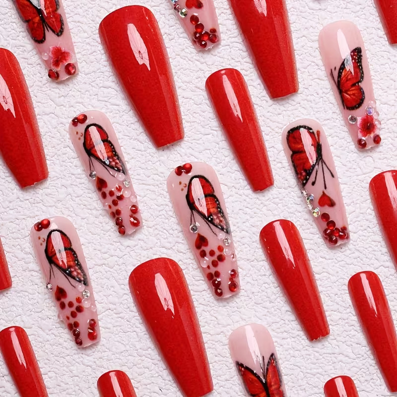 24pcs Red Ballet Press-On Nails, Long, Glossy, Colorful Butterfly Design, Summer