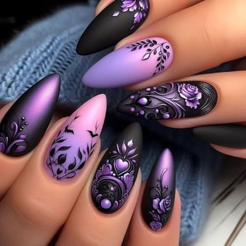24Pcs Purple Ombre Press on Nails Short Almond Nail Tips,Black Fake Design D7