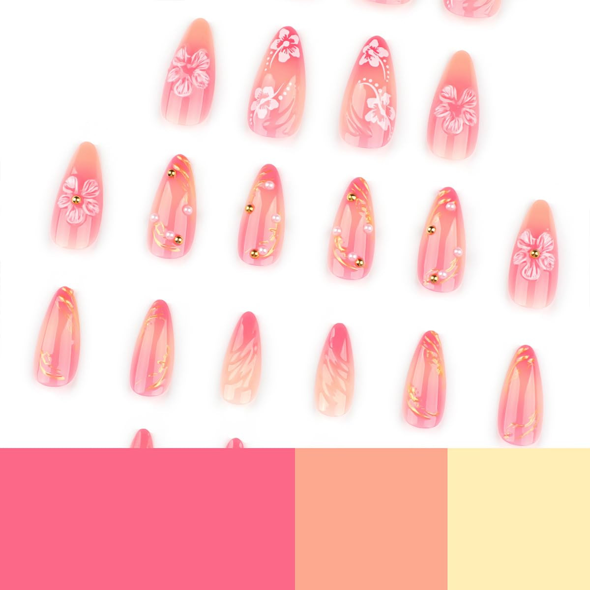 24Pcs 3D Flower Press on Nails Medium Almond Fake Nails with Pearl Rhinestones D