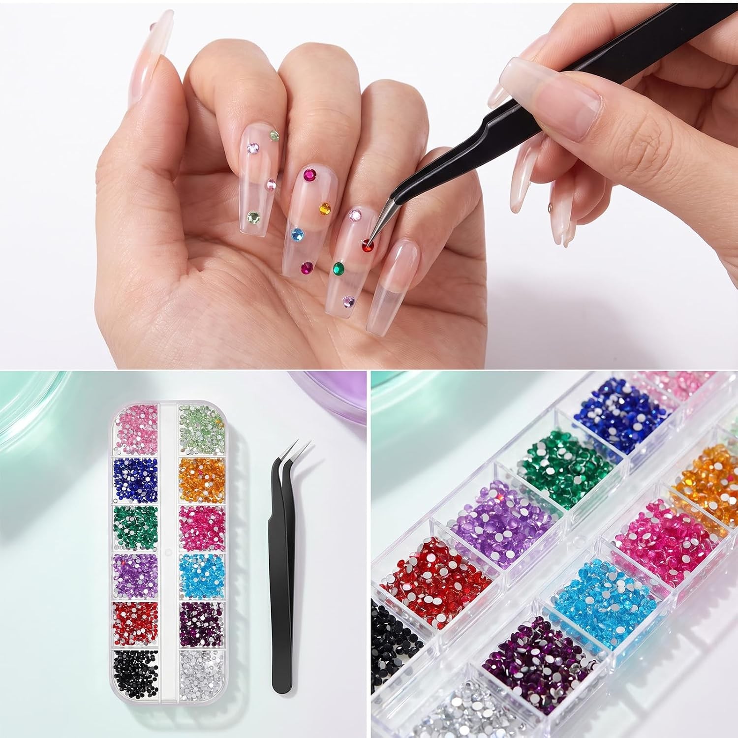 3000PCS 2mm Multicolor Nail Rhinestones, 12 Colors Flatback Gems