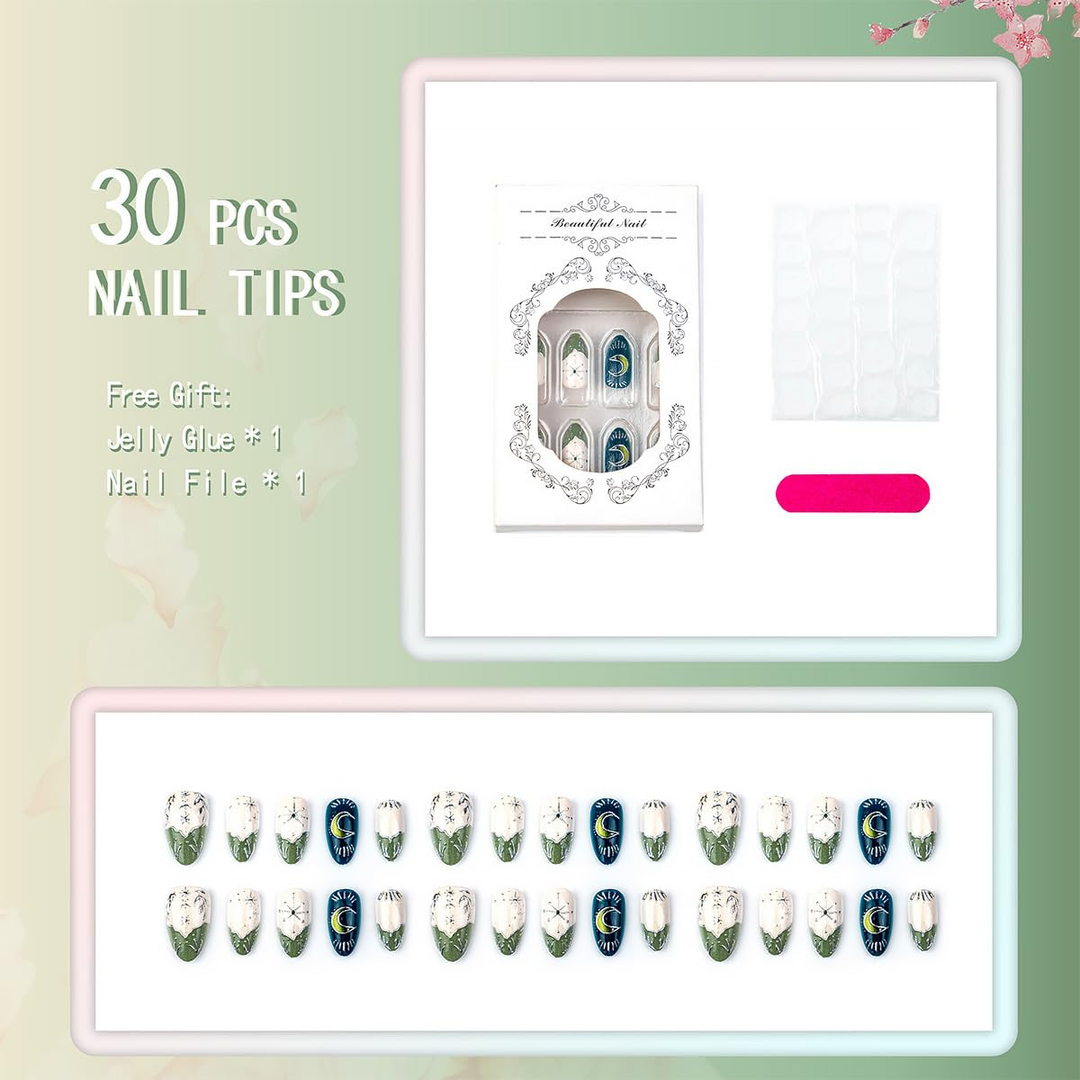 30Pcs Star Press on Nails Medium Almond Fake Nails Green French Tip False Nails
