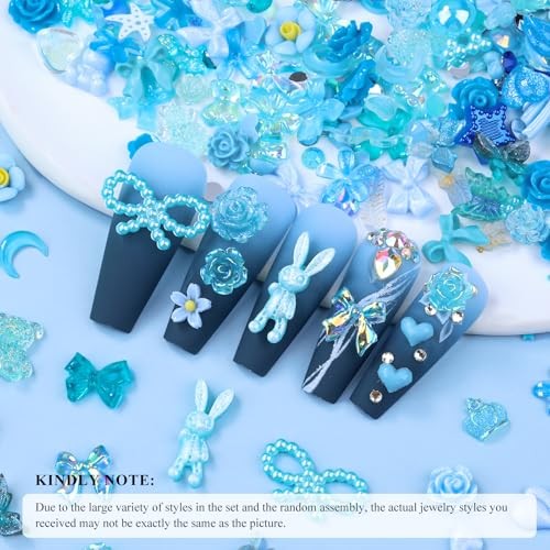 100 Pieces 3D Resin Butterfly Bear Nail Charms Rose Flower Peach Skirt Bow Blue