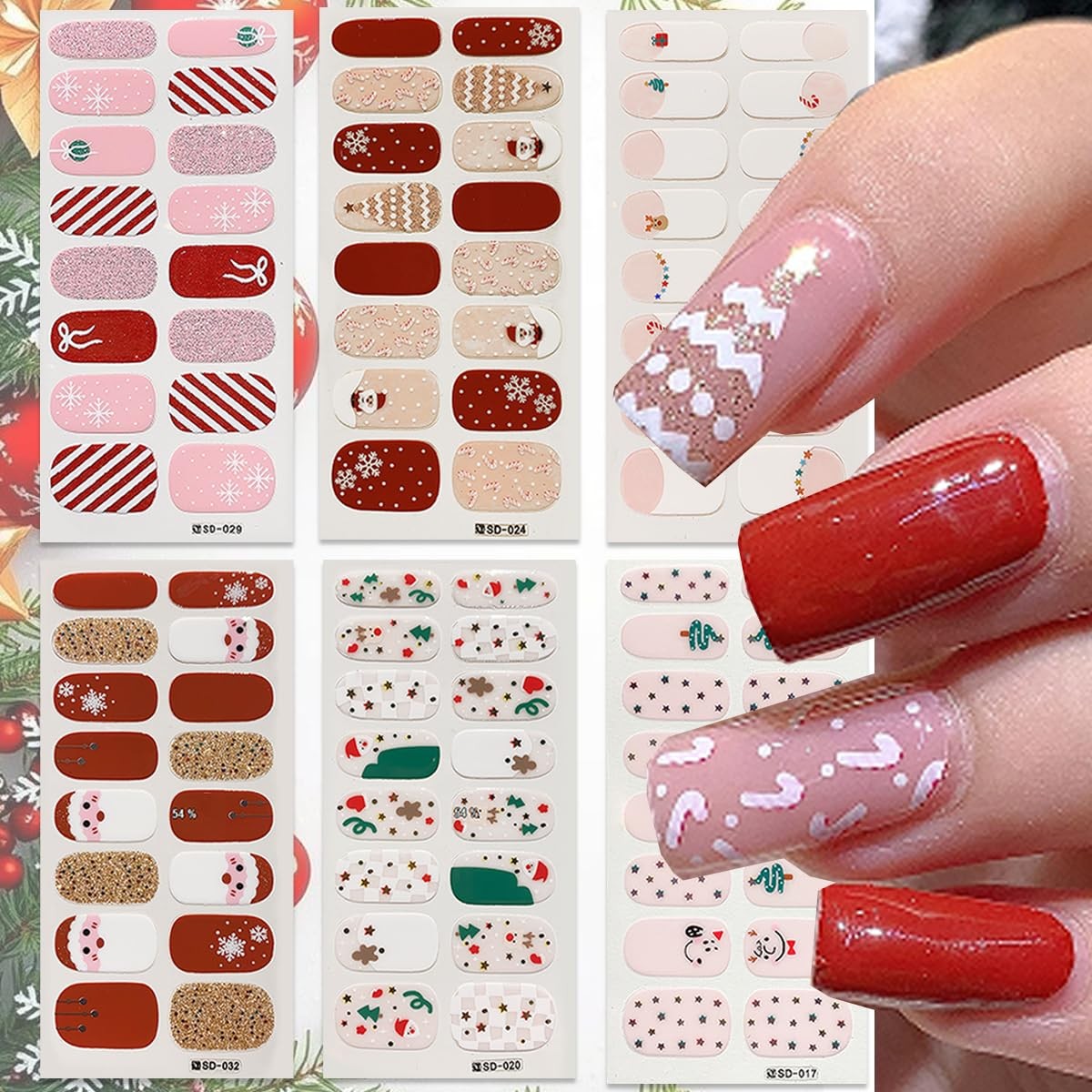 6Sheets Christmas Nail Strips Christmas Tree Full Nail Wraps Stickers Santa C…