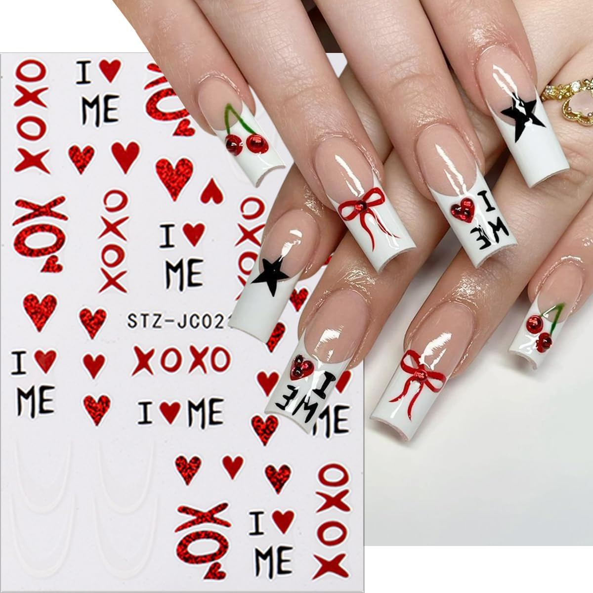 8 Sheets 3D Red Pink Hearts Nail Art Stickers Decals Valentine Style 01