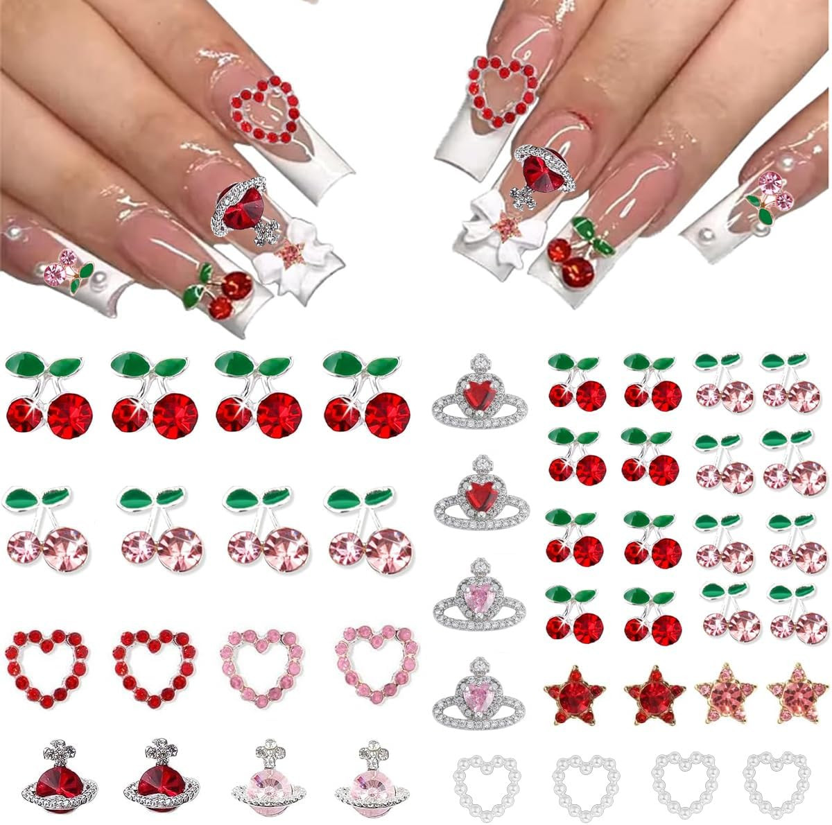 45 Pcs Cherry Nail Charms Rhinestone Red Pink Cherries Nail Art Gems Star Heart