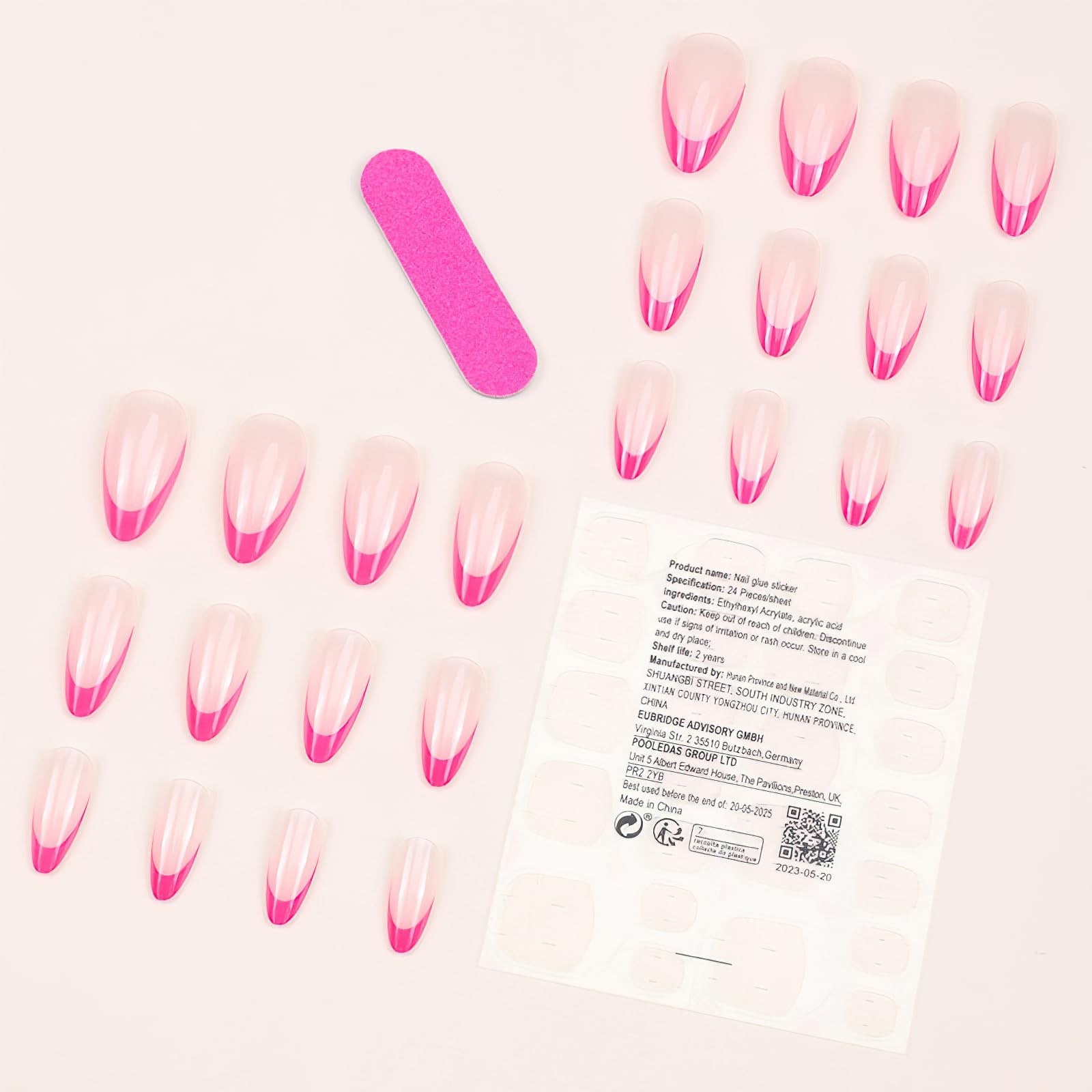 Hot Pink French Tip Press on Nails Short Almond Fake Nails Nude Pink Glossy A…