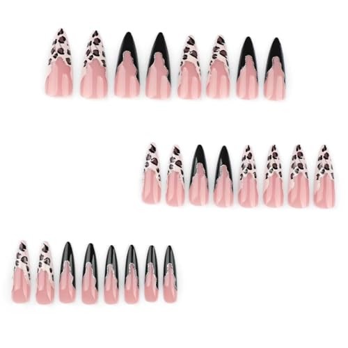 Long Press on Nails Almond Fake Nails with Leopard Print Standard Black French