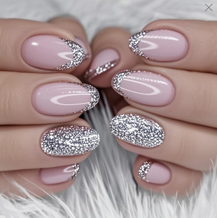 Silver Glitter French Press Nails Short Almond False Multicolor