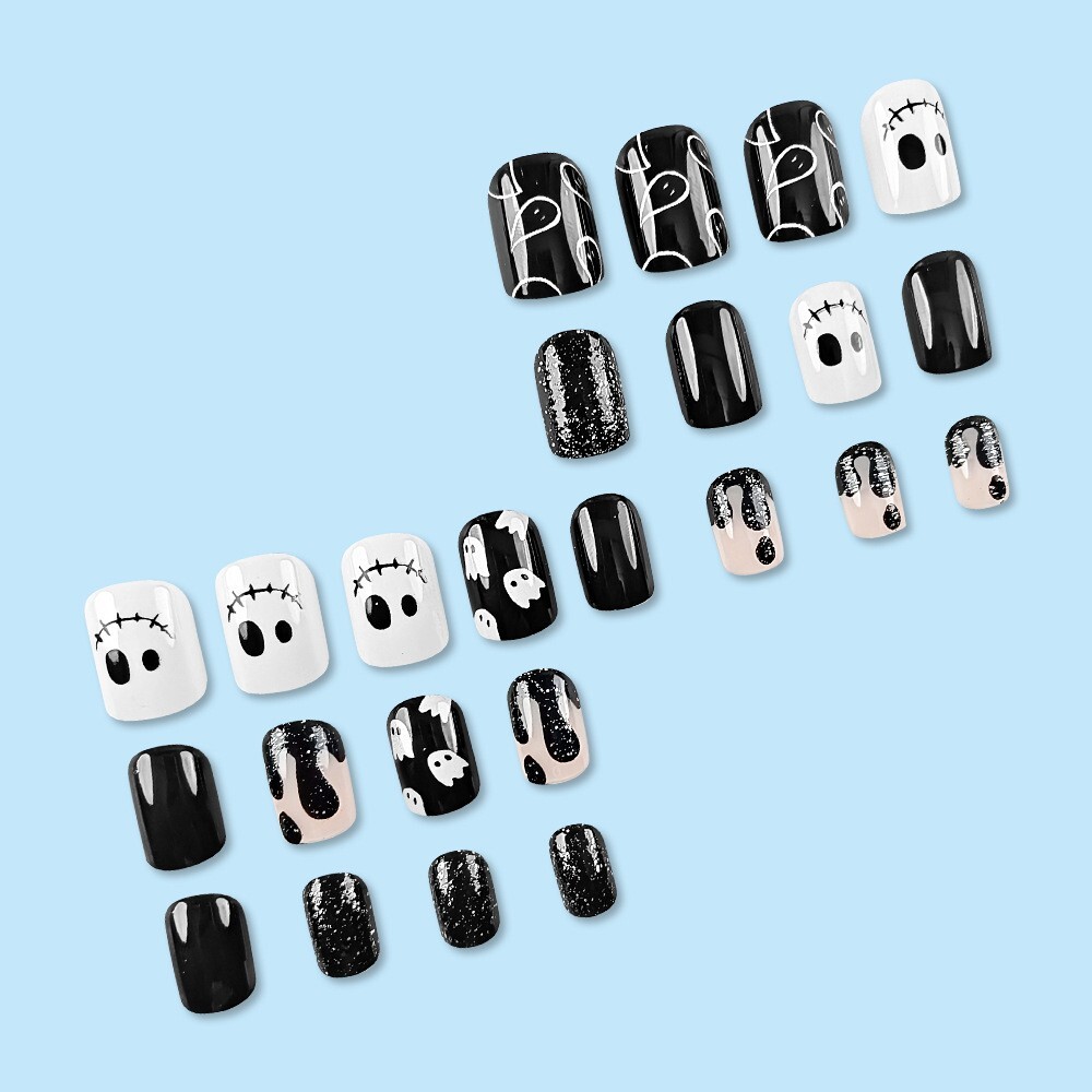 Black&White Cute Halloween Press on Nails Short Fake Nails,24Pcs Almond Nails