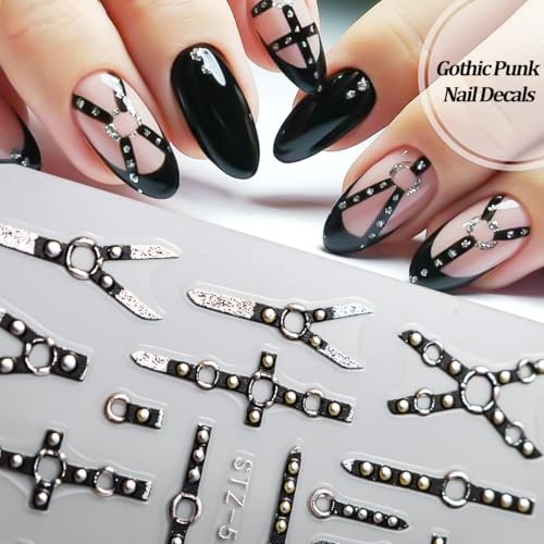 4 Sheets Black Punk Belt Nail Stickers Decals Goth Nail Charms 5D Embossed