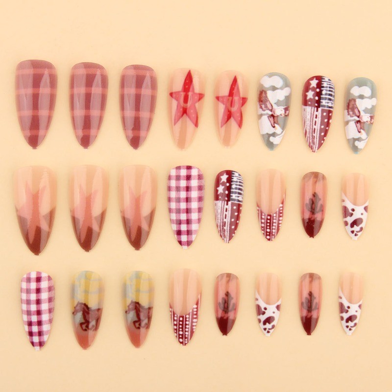 48P-Press on Nails Rodeo Cowgirl Star Glossy Almond Nail Set Reusable Handmade