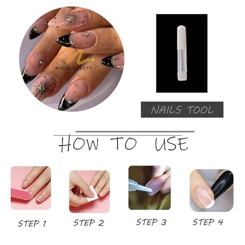 Press on Nails – Medium Almond Glue on Nails with Black French 03306-01Black