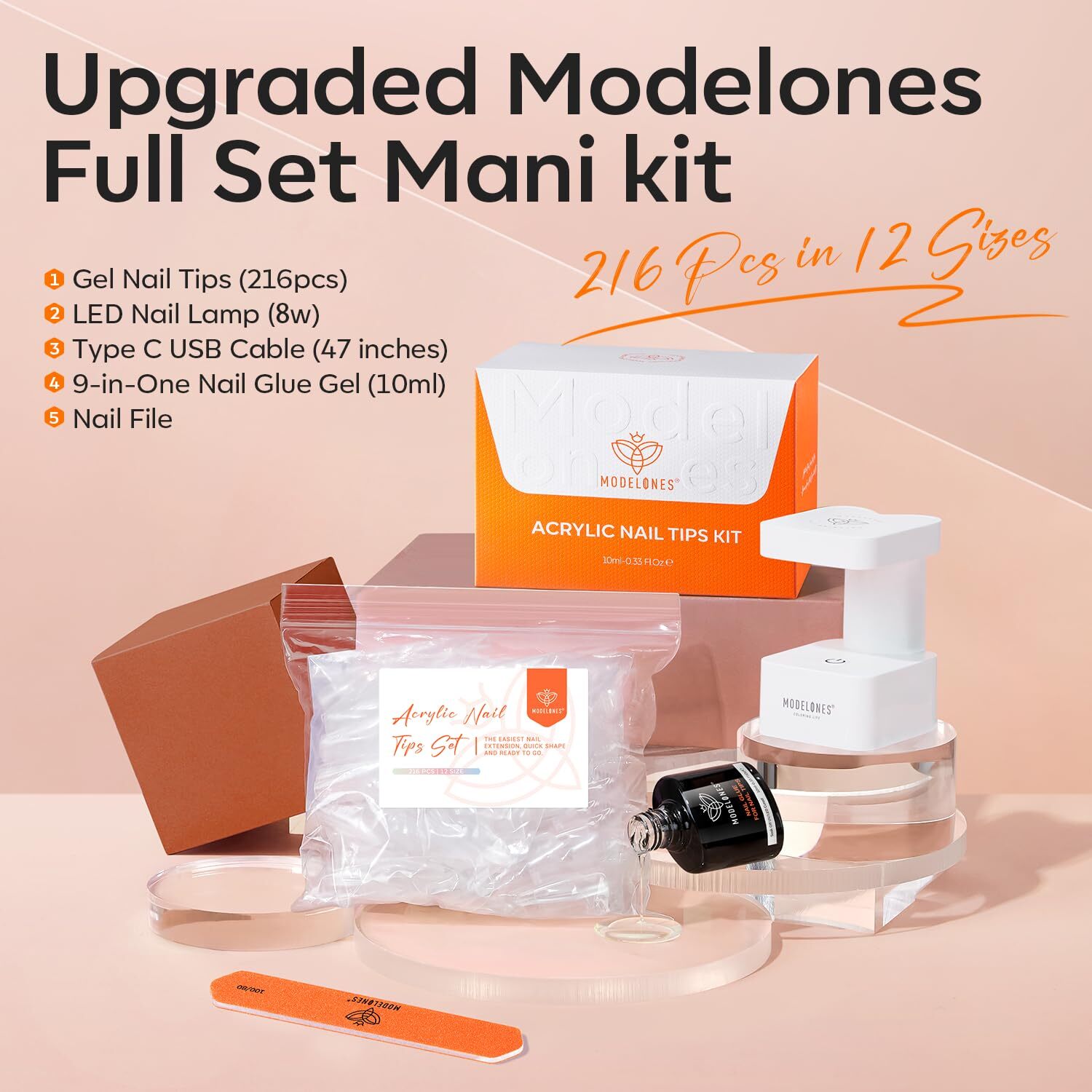 modelones Gel X Nail Kit, Short Almond x A2-Short-Almond-216Pcs