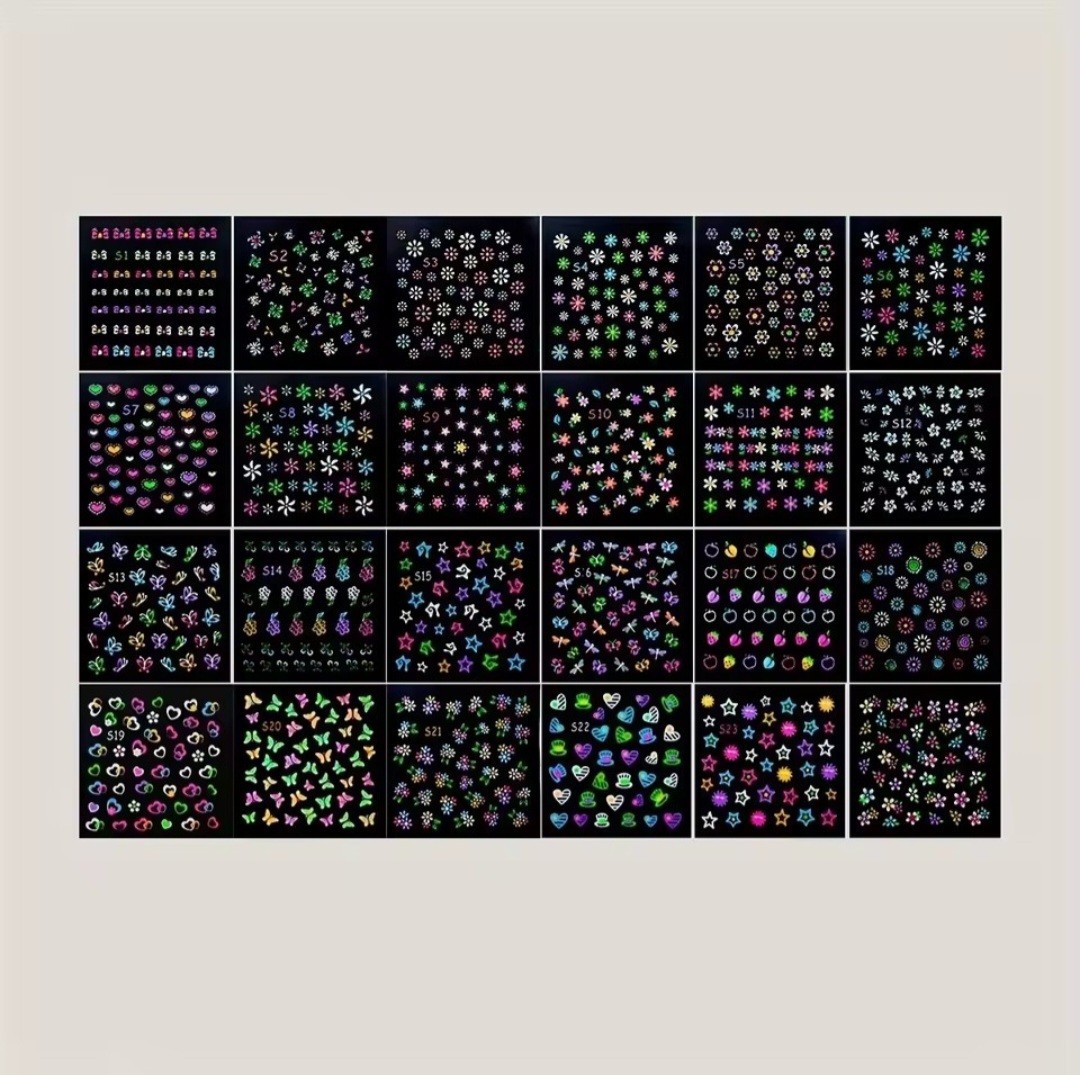 Fluorescent Multicolor Nail Art Stickers Flowers Hearts Stars Butterflies