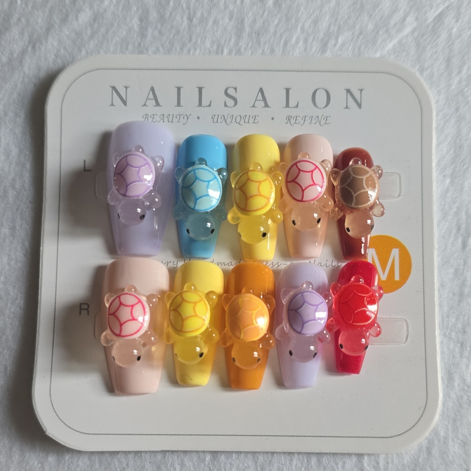 NAILSALON Medium Square Multicolor 3D Turtle Full Cover PressOn Nails #59