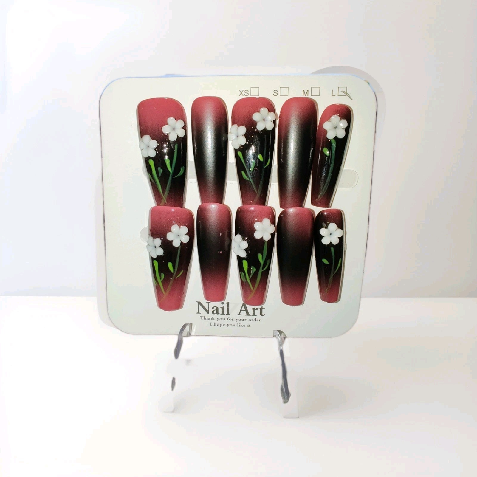 Red Black White Green 3D Flower Long Coffin Press-On Nails Full Cover