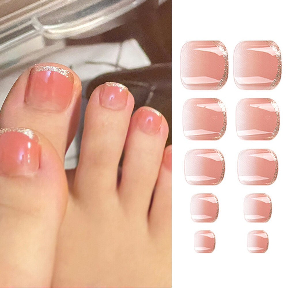 24x False Toenails French Manicure Fake Press On Full Cover Toe Nail With 1 Glue
