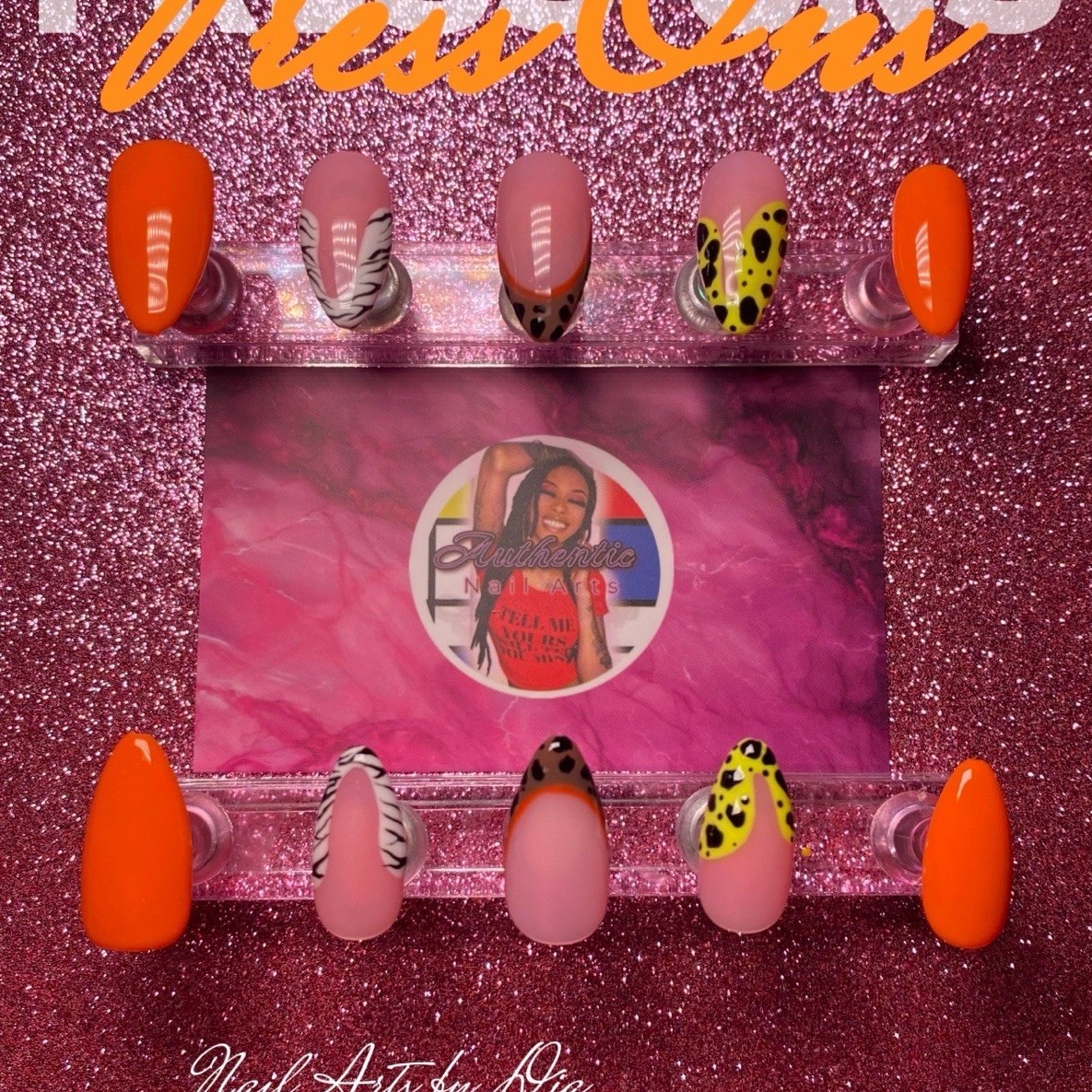 Authentic Nail Arts by Dia Almond Press-On Nails Orange Pink Animal Print Set