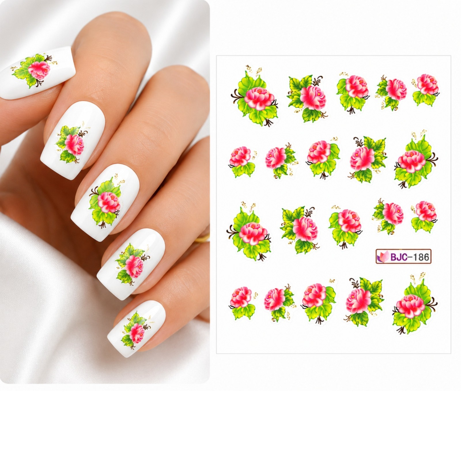 Wild Rose silver Flower Nail Decals Water Transfer Botanical Floral Manicure art