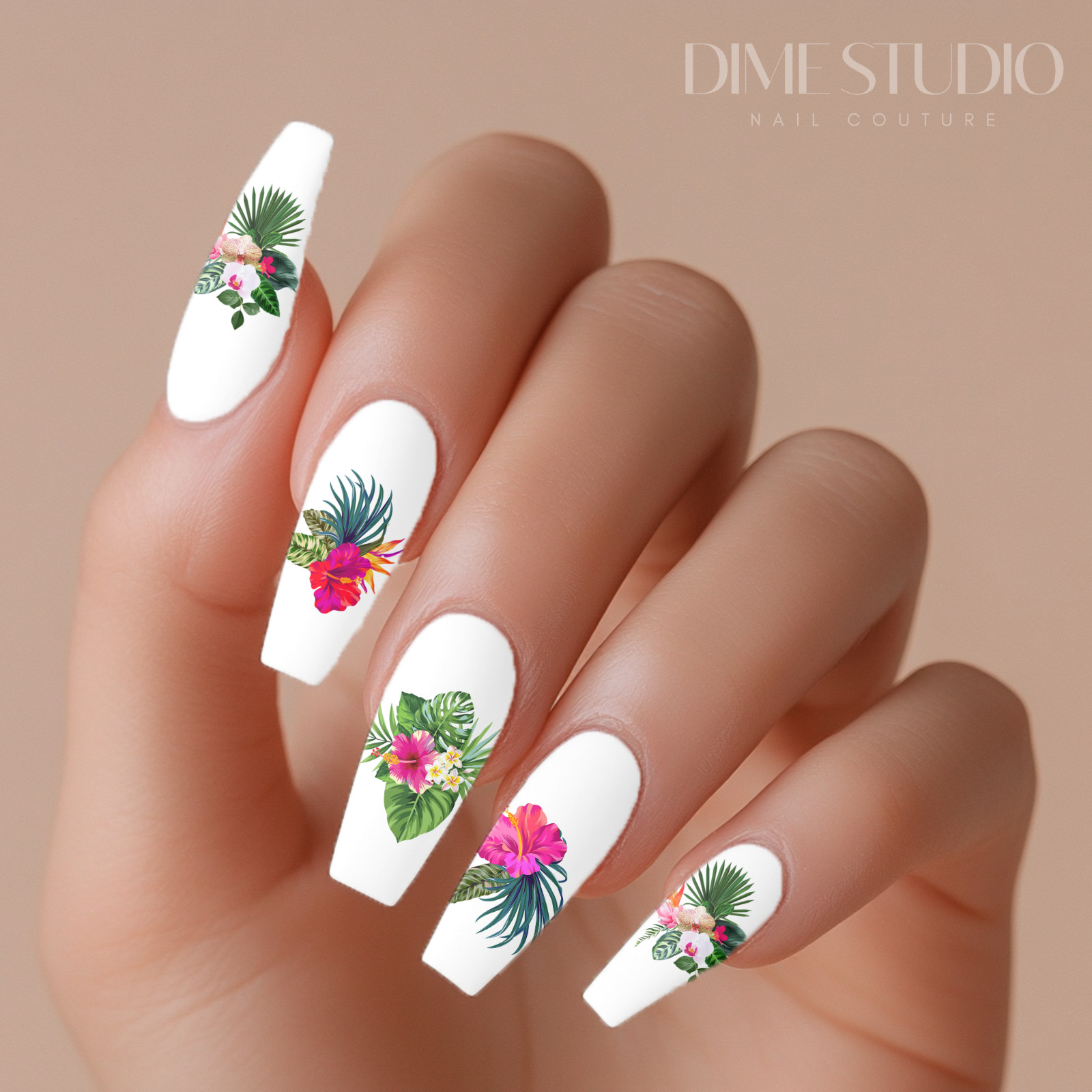 Tropical Palm Leaf Hibiscus Clear Water Transfer Nail Decals