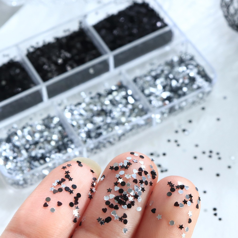 6 Grids 1MM Silver Black Nail Glitter Sequins Heart Star Flakes for Nail Art DIY