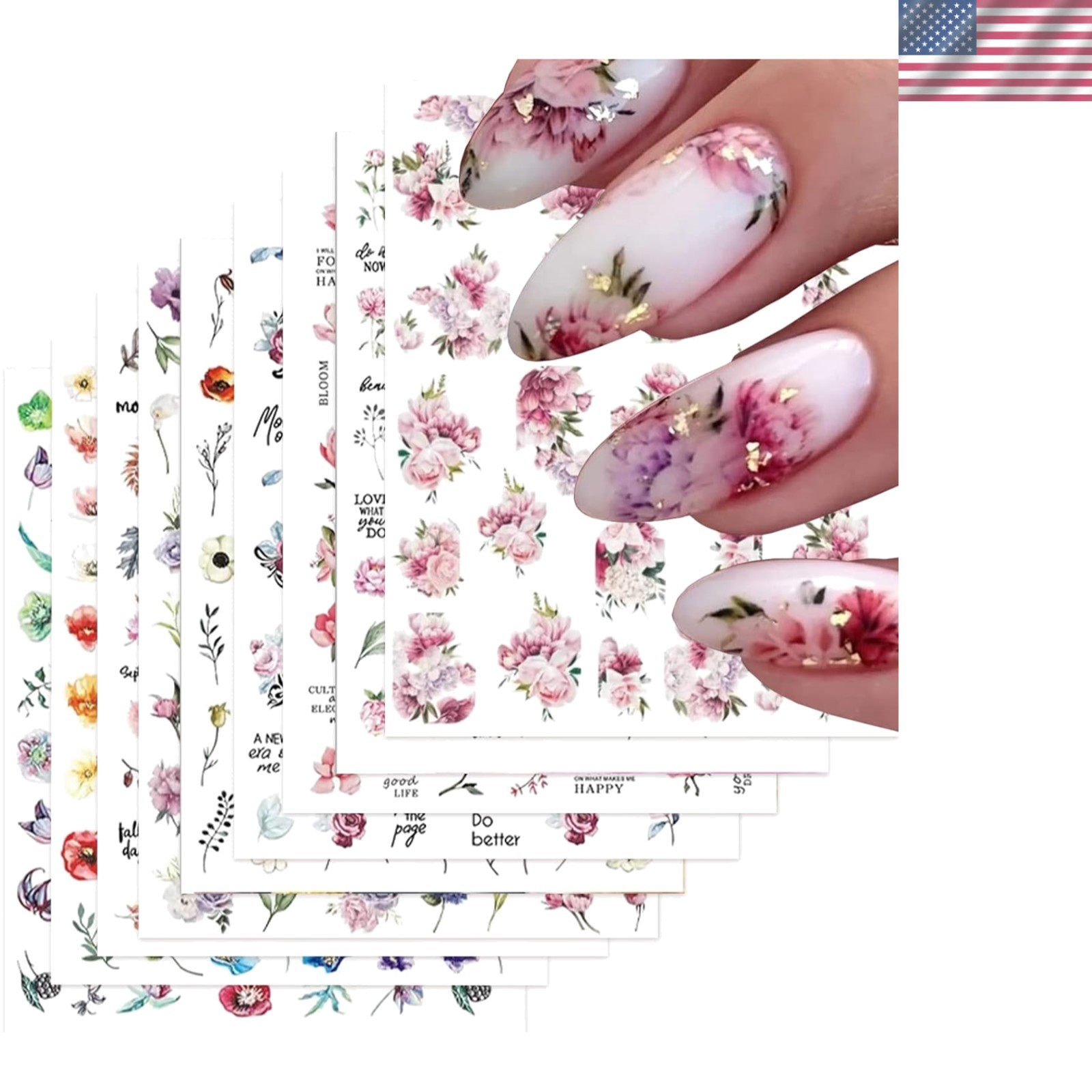 Artistic Floral Nail Stickers 03 – 9 Piece Set for Creative Nail Art at Home
