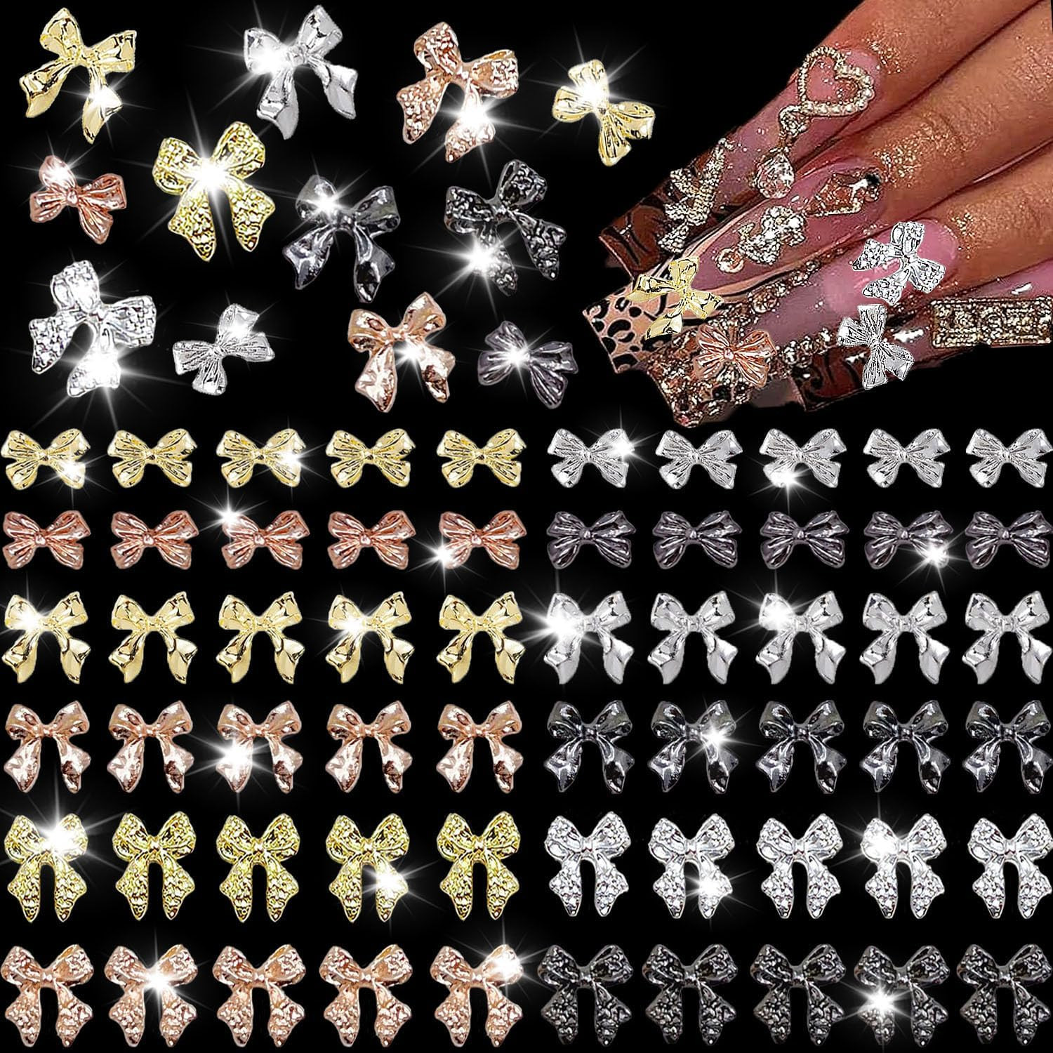 120 PCS Bow Nail Charms Silver Gold Black Rose Gold Bowknot Nail Art Charm 3D Al