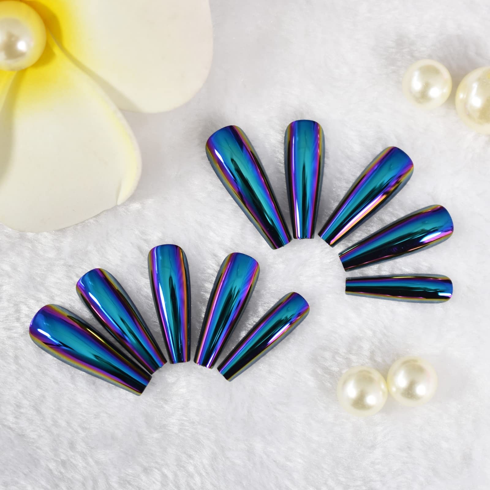 iMABC Press Metallic Mirror Holo Chrome Diamond Blue False Nails Extra Long C…