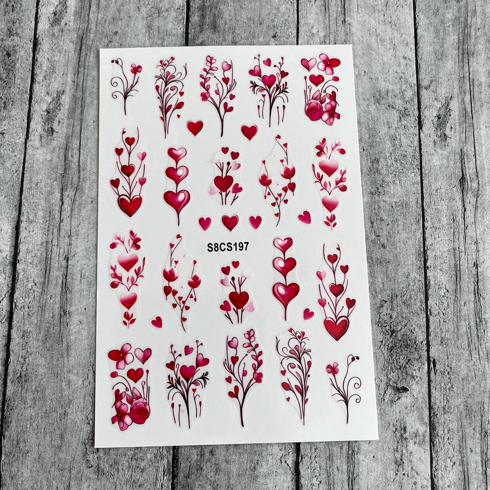 Lovely Hearts Flower Branch Nail Sticker Valentine’s Day Pink Red Hearts