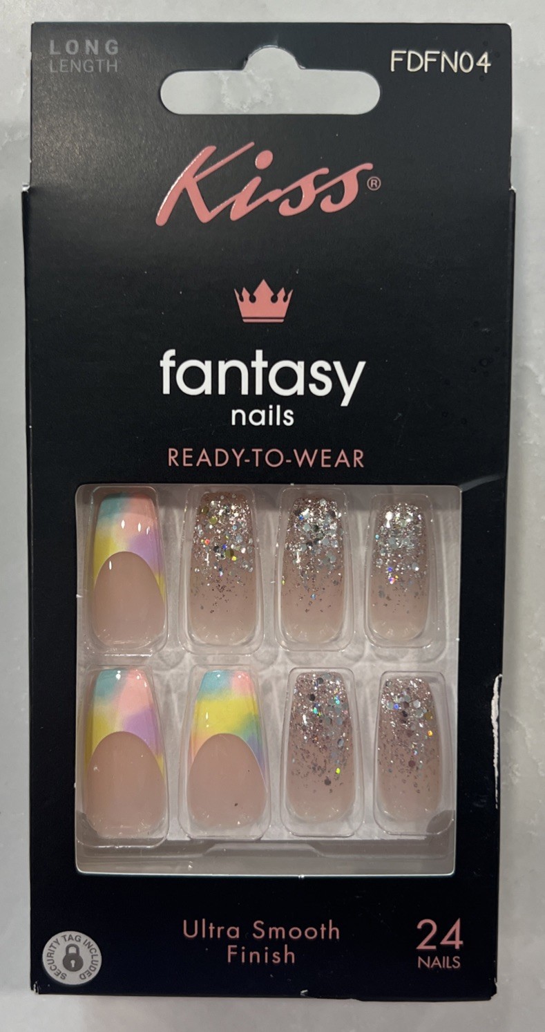 Kiss Fantasy Artificial Nail Long Rainbow Pastel French With Glitter New