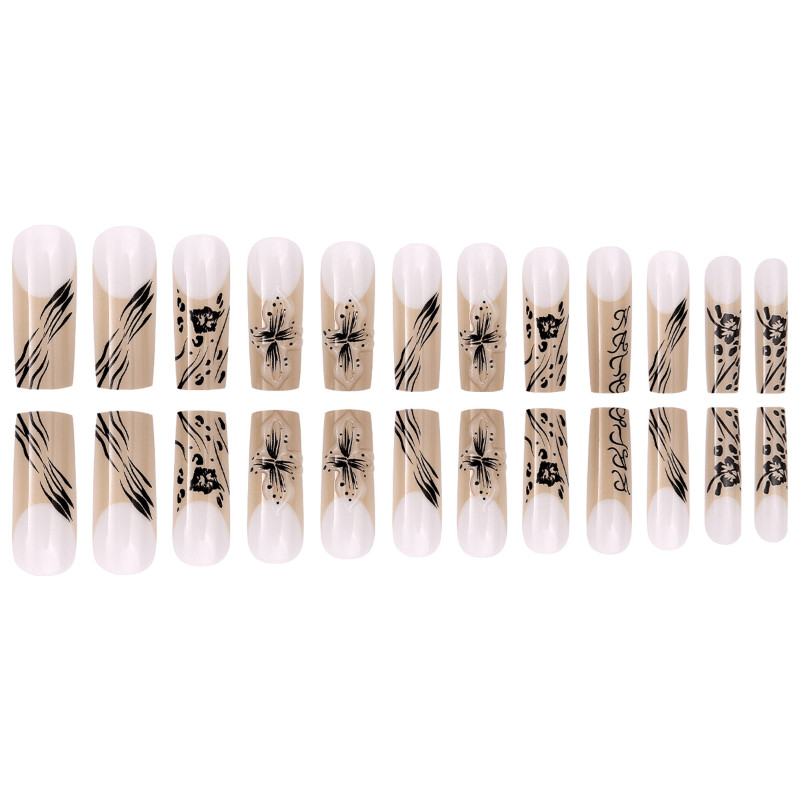 48Pcs Long French Tip Black Floral Leopard Press on Nails Glossy Fake Nails