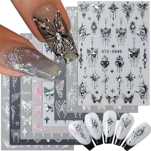 8pcs Metallic Silver Butterfly Nail Stickers 3D Laser Black Butterfly 1