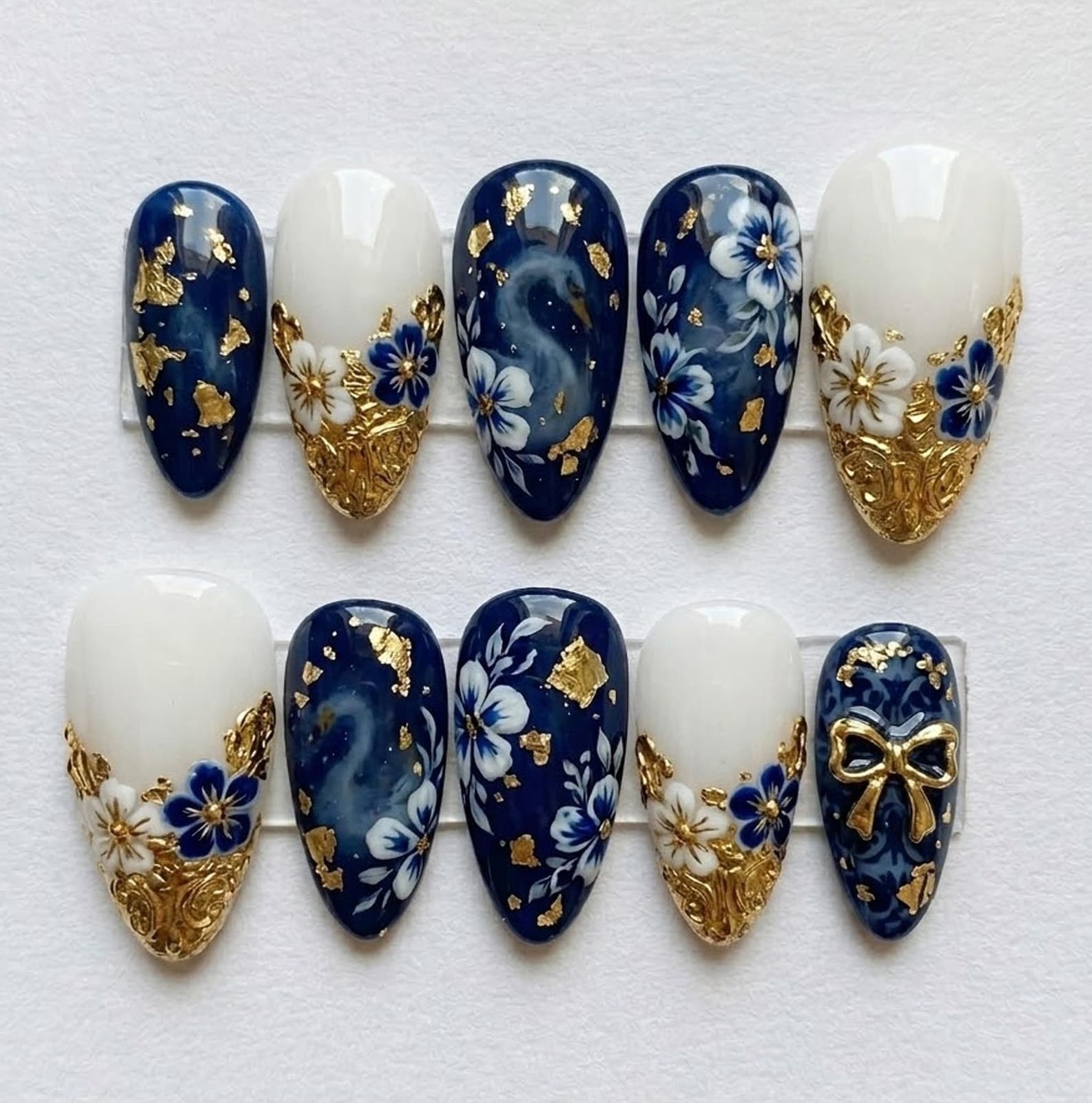 Handmade Dark Blue Swan Floral Gold Foil Bow Long Almond Press on Nails