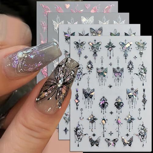 8pcs Metallic Silver Butterfly Nail Stickers 3D Laser Black Butterfly 1
