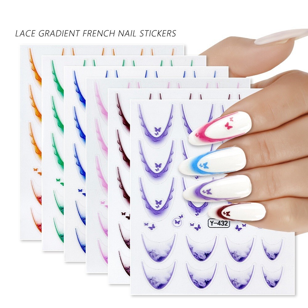 Gradient French Line Butterfly Nail Art Stickers Stencil Guides Manicure NS32