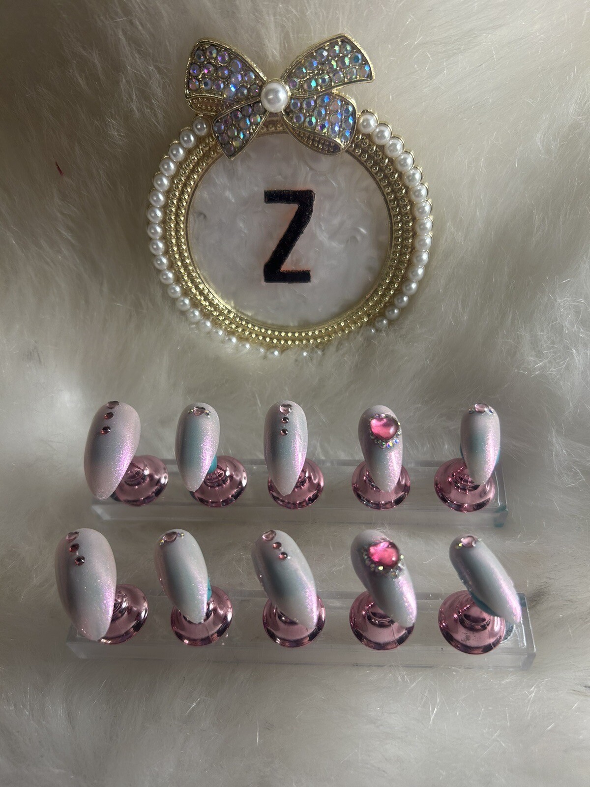 Z NAILZ! Handmade M Oval Pink Iridescent Press On Nails With Pink Stones