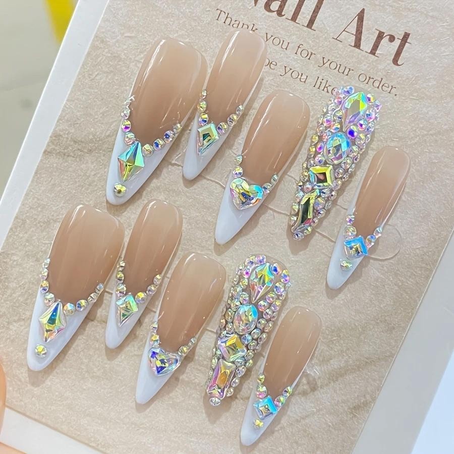 Handmade Colorful Full Stone Press On Nails Short Square Shimmery False Nails