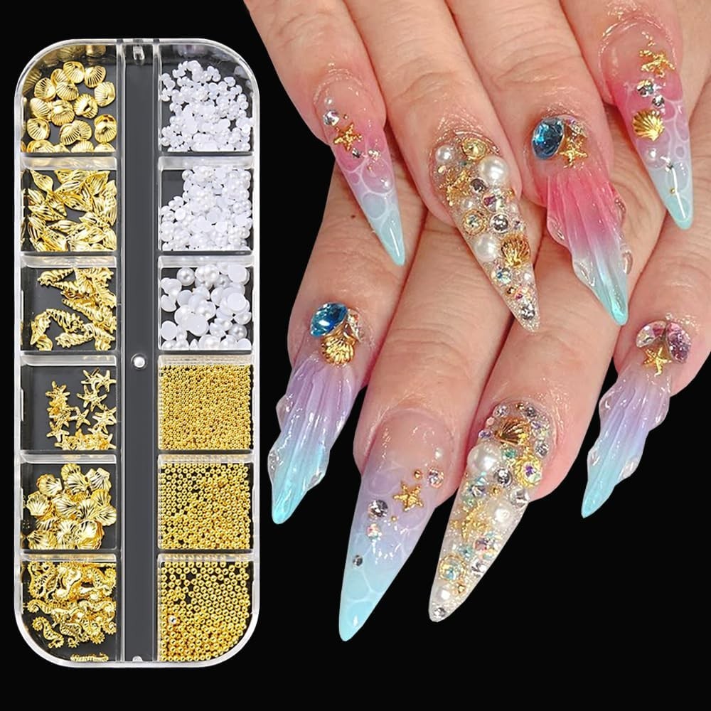 Summer Beach-Themed Nail Charms: 200 Gold Studs with Pearls & Caviar Beads