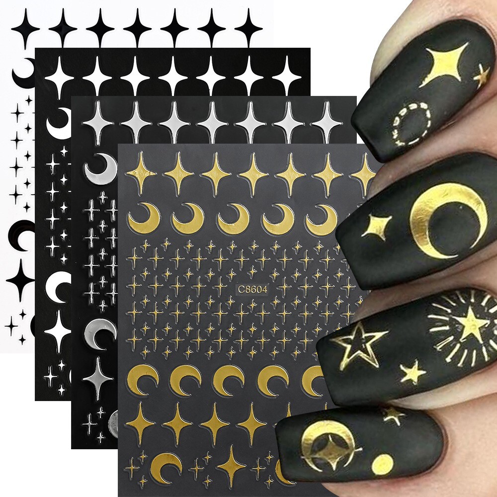 4Pcs Silver/Gold/White/Black Moon Star Heart Self-Adhesive Nail Art Decals NH29