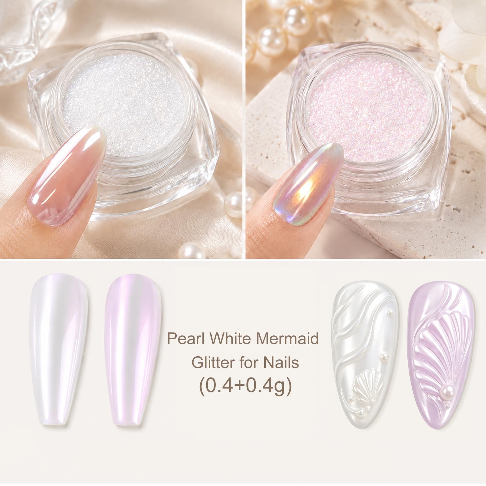 Uellipapy White Pearl Chrome Nail Powder, 2Pcs Pink Aurora and Pearl White Mi…